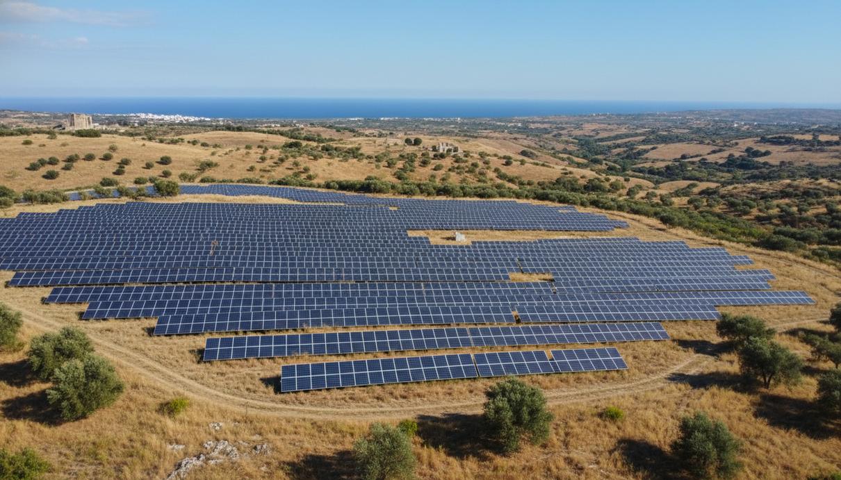 Ряды солнечных панелей на фоне холмистого ландшафта Сицилии под ясным небом.