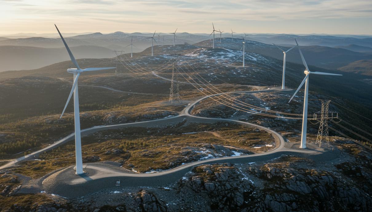 Несколько ветрогенераторов на вершинах холмов в Норвегии под облачным небом на фоне каменистого ландшафта.