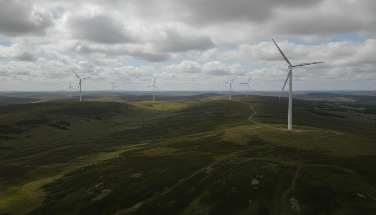 Ветряные турбины на зеленых холмах Шотландии под облачным небом