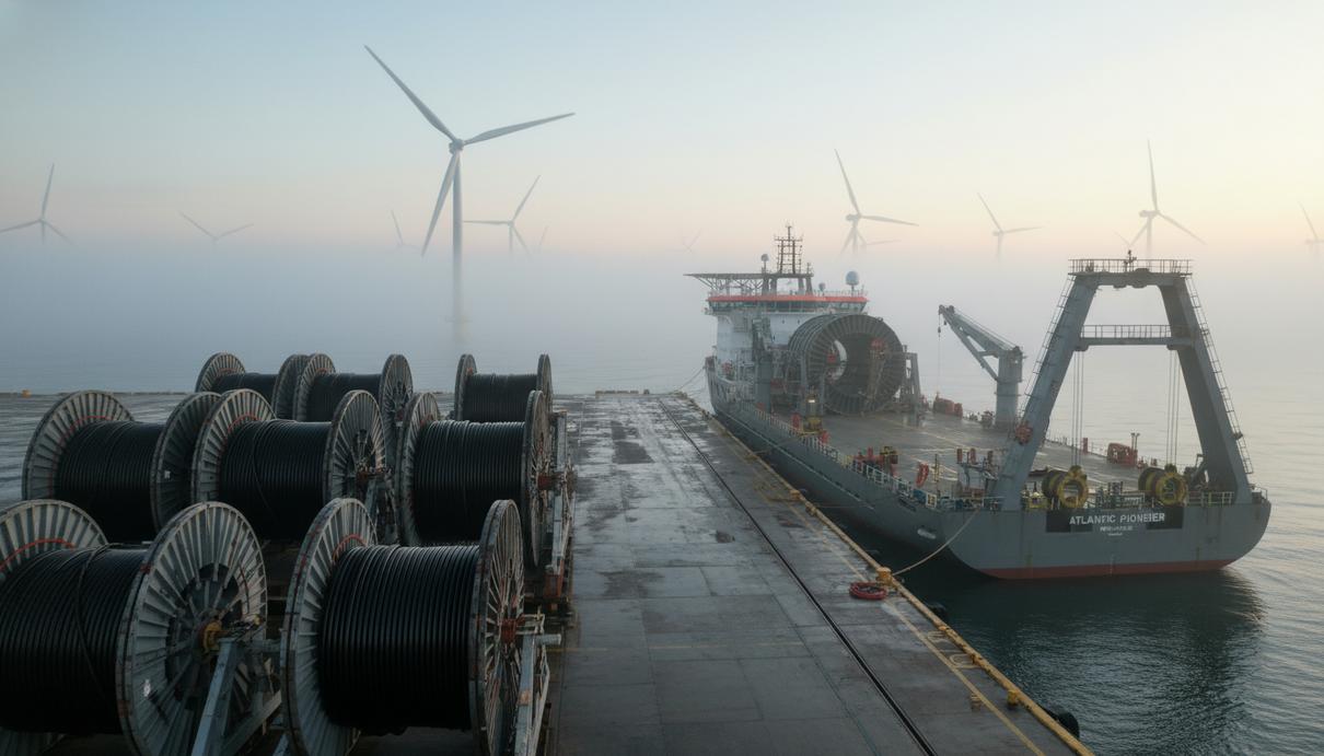 Промышленный причал с катушками силового кабеля и судно-кабелеукладчик на фоне морских ветрогенераторов.