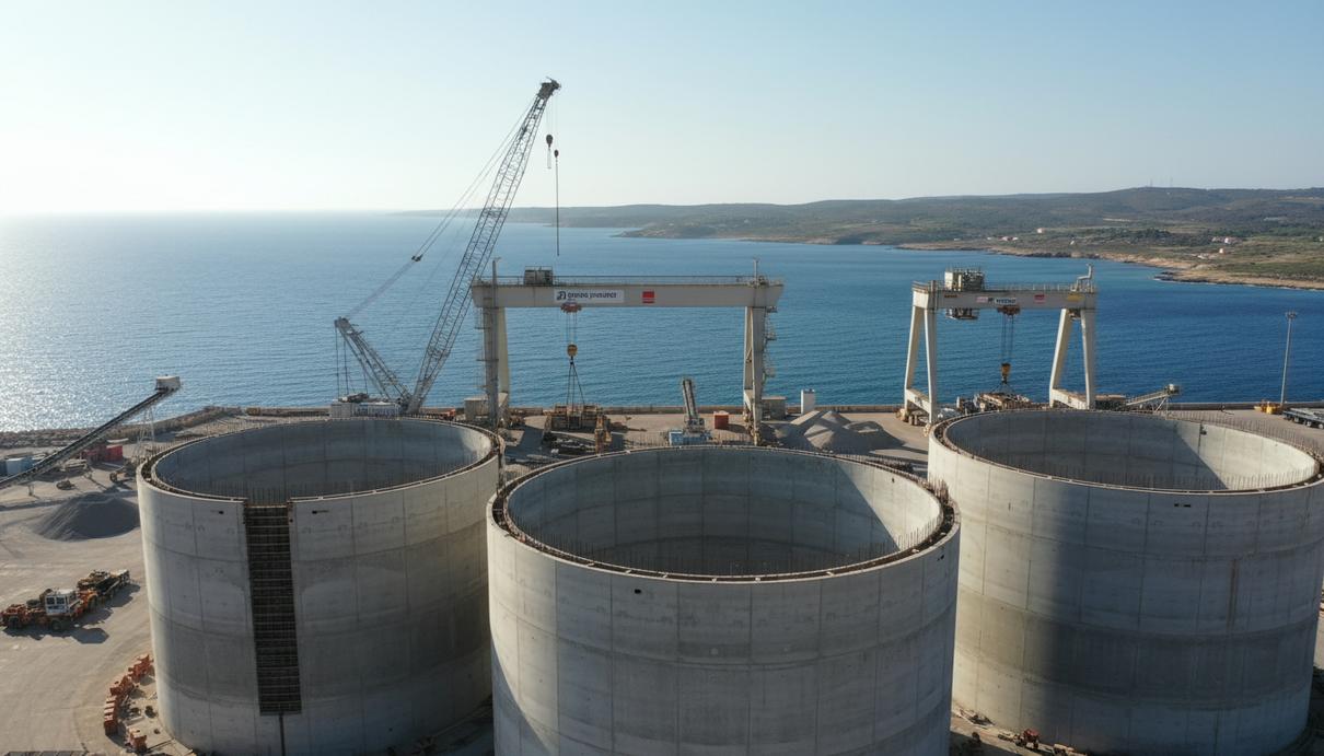 Индустриальная площадка в порту с бетонными основаниями для плавучих ветрогенераторов на фоне моря.