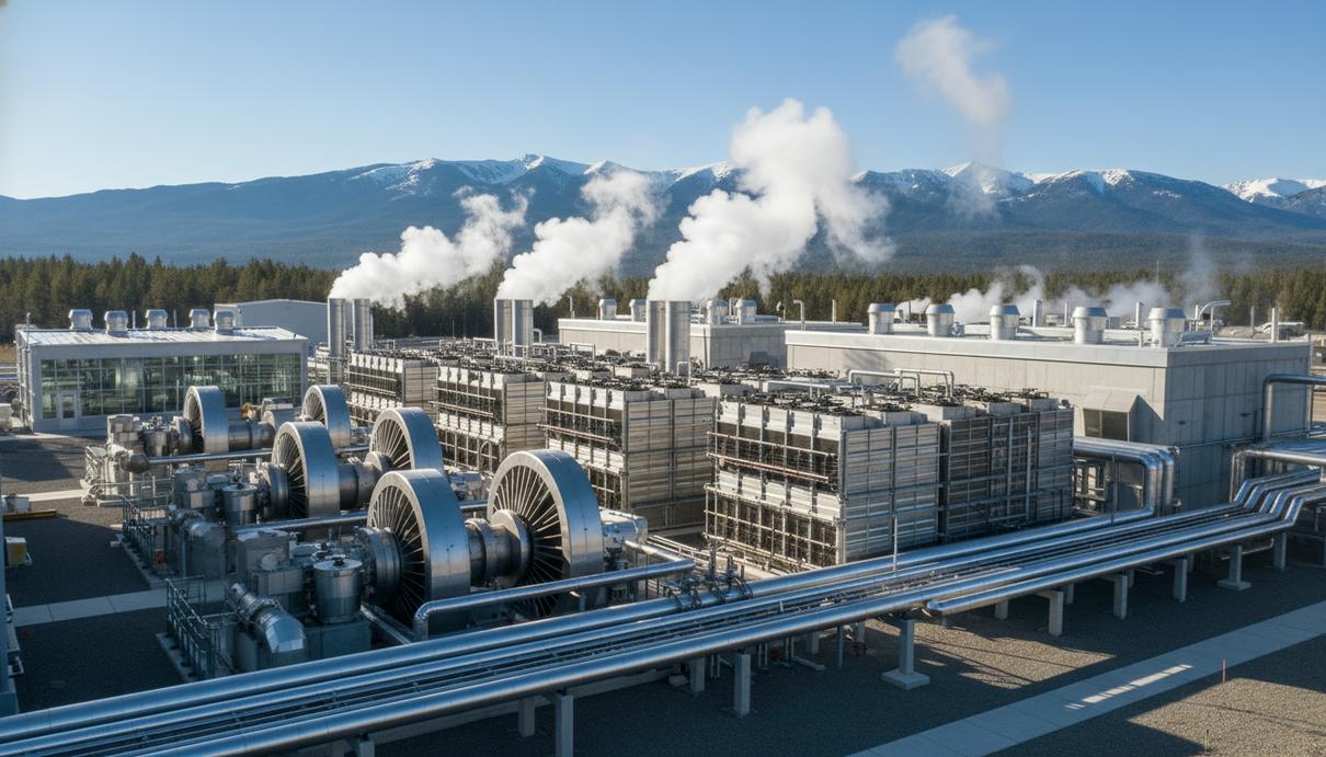 Геотермальная электростанция с сетью трубопроводов и теплообменников на открытом воздухе