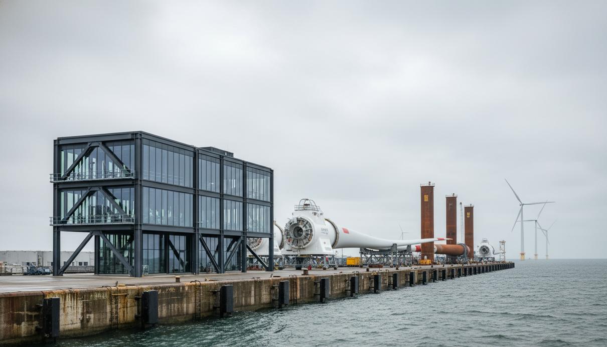 Современное здание сервисного центра в порту на фоне моря и компонентов ветряных турбин