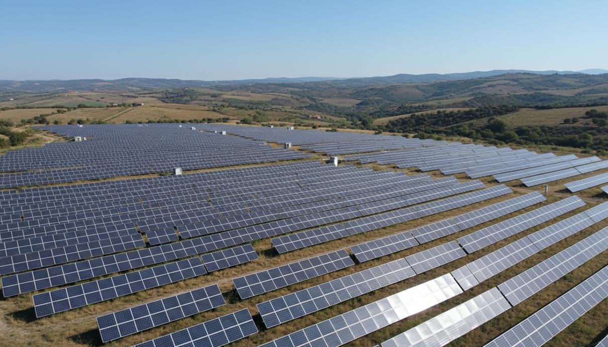 Солнечная электростанция с рядами панелей на фоне холмов в итальянском регионе Лацио под ясным небом