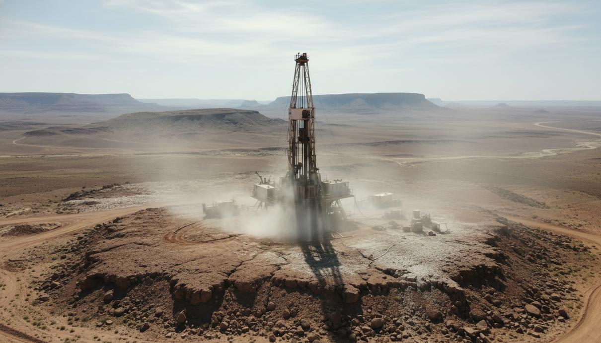 Буровая вышка на скалистом участке бассейна Миллунгера в Квинсленде при ярком дневном свете.