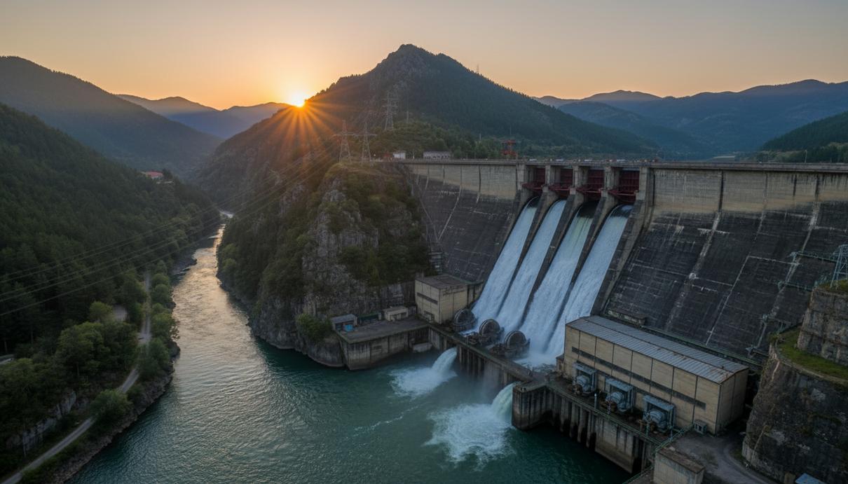 Вид на плотину гидроэлектростанции в горной местности и промышленное оборудование для выработки энергии