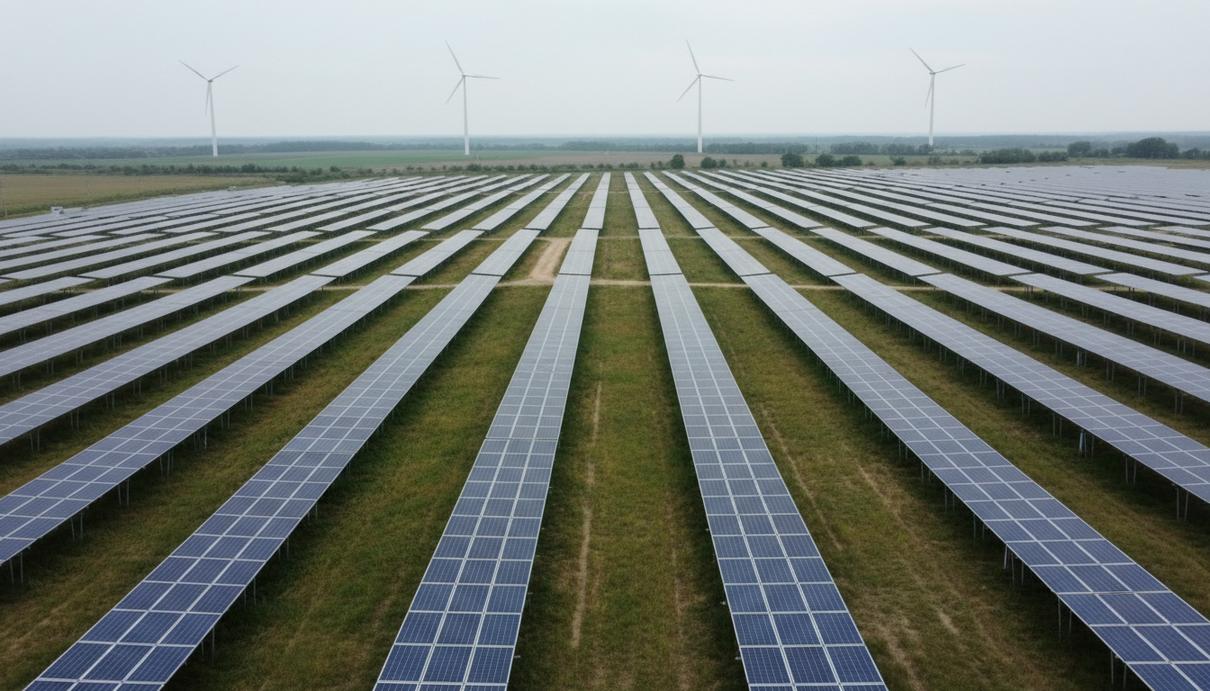 Ряды солнечных панелей на фоне ветряных генераторов в сельской местности под облачным небом