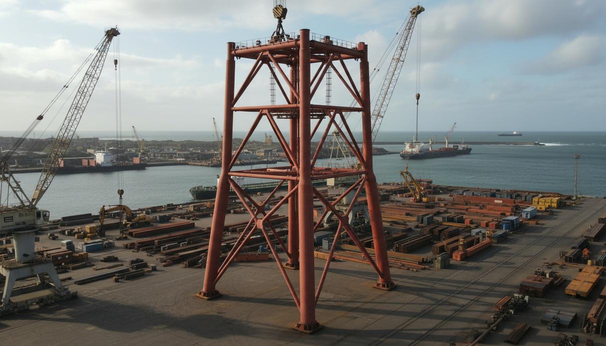 Массивное стальное основание для морской ветряной электростанции на территории верфи