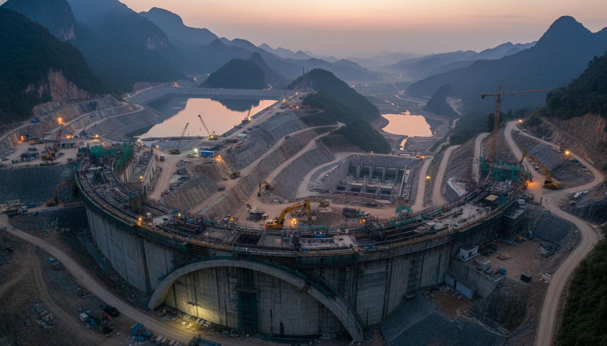 Строительная площадка гидроаккумулирующей электростанции с бетонной плотиной в горной местности Вьетнама.
