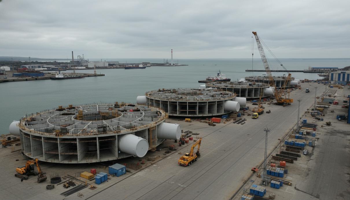 Промышленная зона порта с элементами ветровых турбин на фоне морского горизонта и кранов