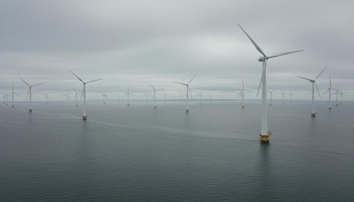 Ряд морских ветрогенераторов в открытом море под пасмурным небом