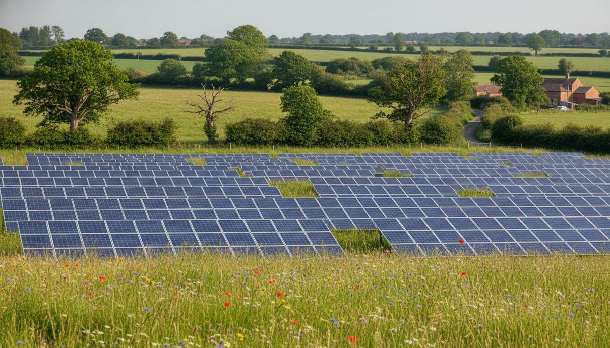 Ряды солнечных панелей на поле в сельской местности Вустершира среди луговых трав и деревьев.
