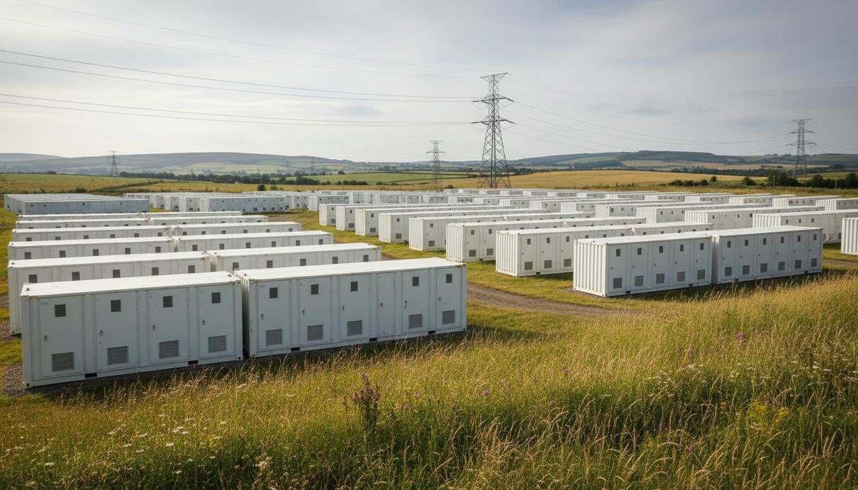 Ряды промышленных контейнеров для накопления энергии на фоне холмов и опор линий электропередачи.