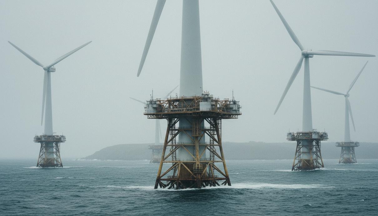 Плавучие ветряные турбины в открытом море у побережья Южной Бретани во Франции.