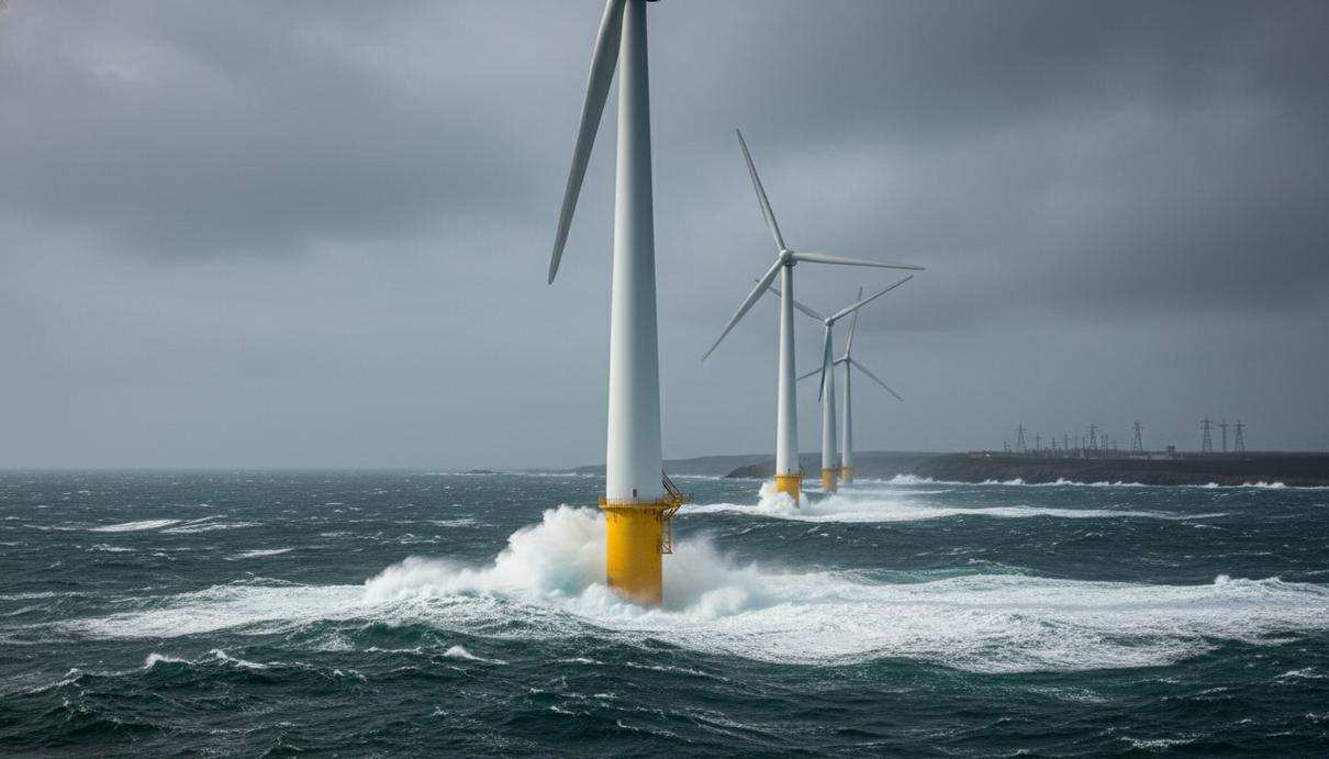 Морские ветрогенераторы в прибрежных водах Атлантического океана на фоне пасмурного неба.