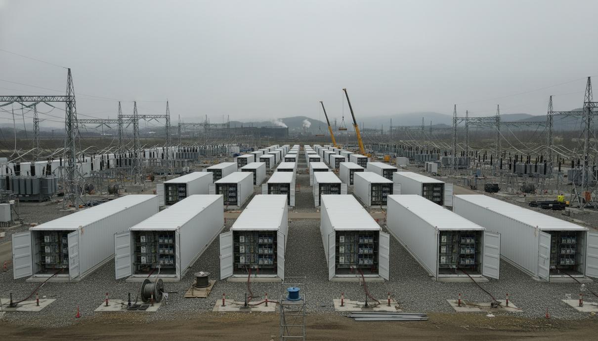 Ряды белых контейнеров промышленной системы накопления энергии на строительной площадке
