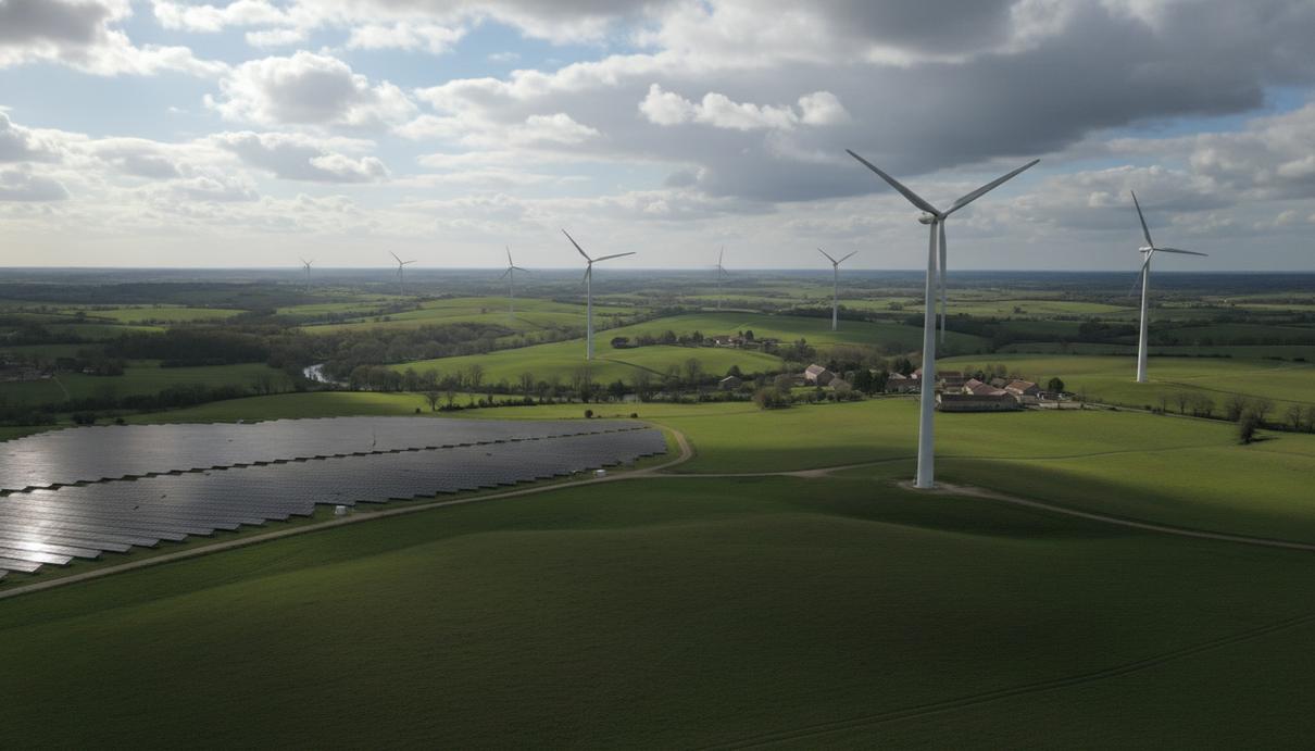 Ветряные турбины и ряды солнечных панелей на холмистых полях Франции под облачным небом