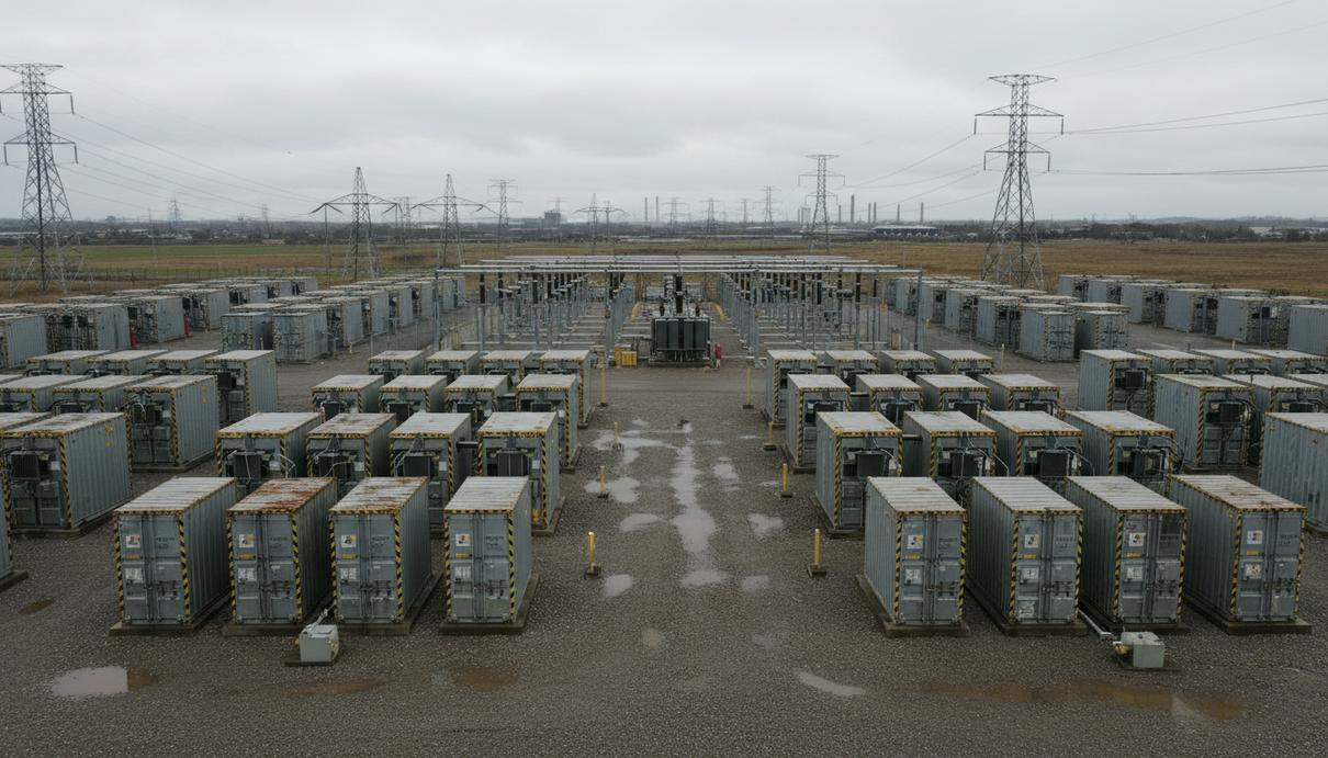 Ряды промышленных контейнеров с аккумуляторами на фоне опор линий электропередачи