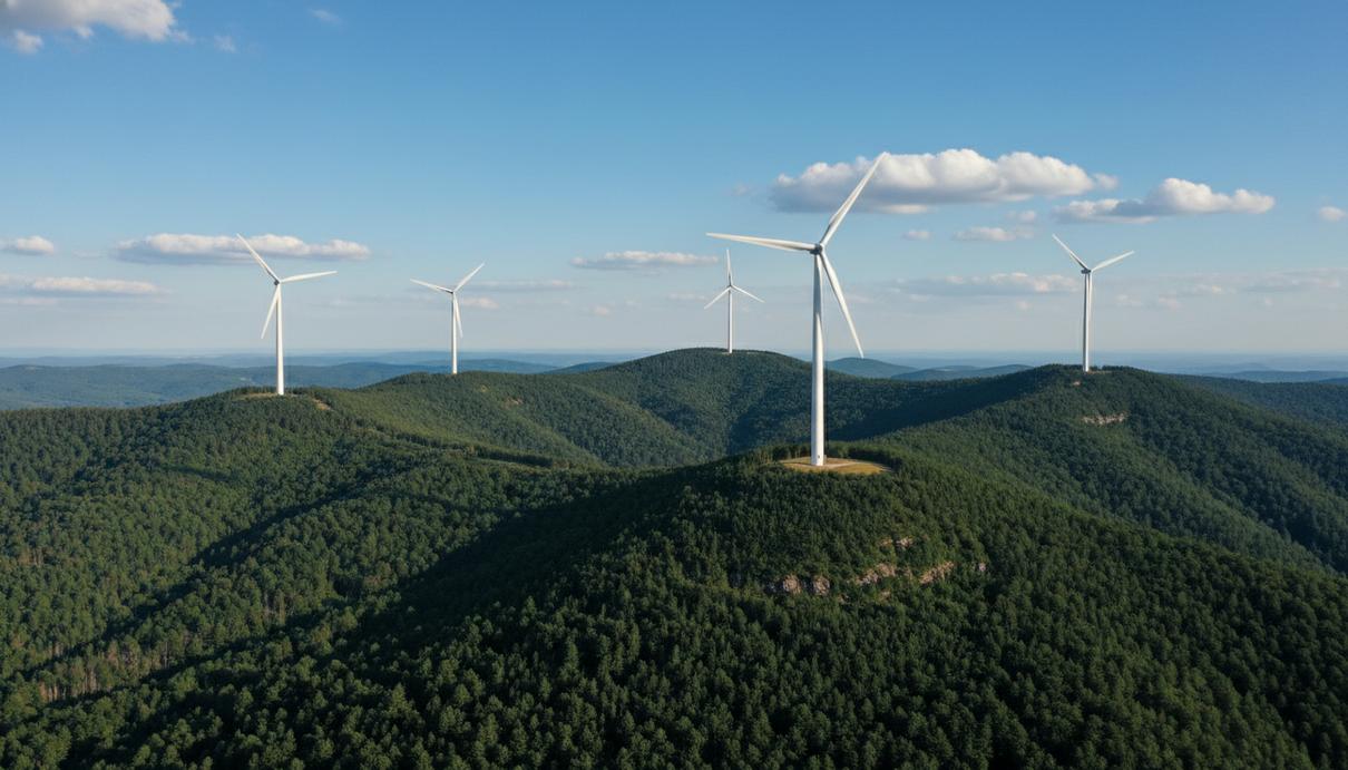 Пять белых ветрогенераторов на вершинах зеленых холмов в горной местности Германии