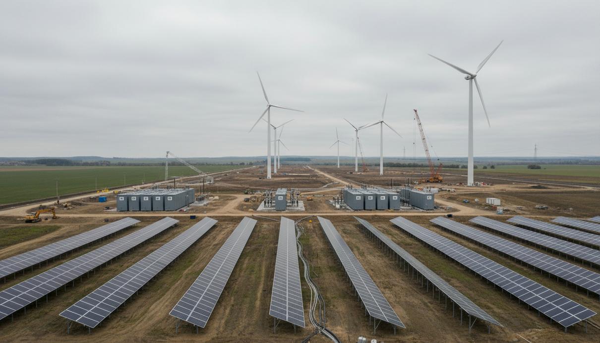 Солнечные батареи и ветряные турбины на площадке гибридного энергетического комплекса в Литве