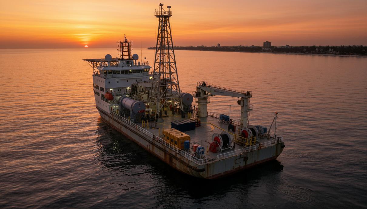 Исследовательское судно в прибрежных водах Бразилии на фоне заката над океаном