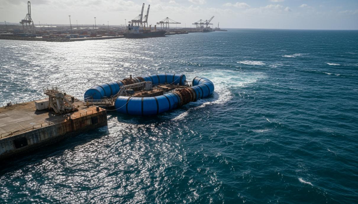 Синие механические поплавки волновой энергетической установки, закрепленные на бетонном пирсе в море