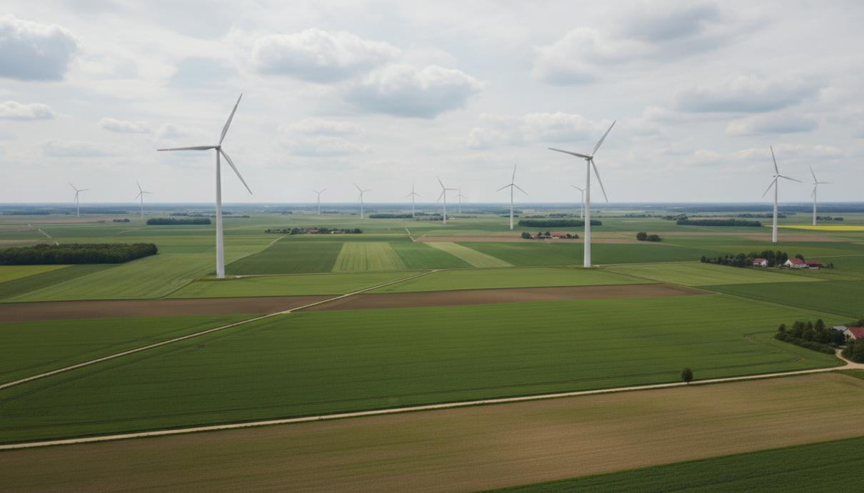 Ряды современных ветряных турбин на фоне зеленых полей и ясного неба в сельской местности Германии.
