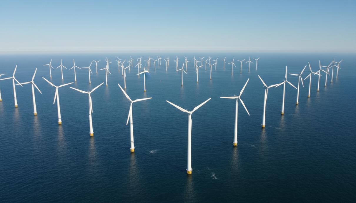 Ряды белых ветрогенераторов в открытом море под ясным небом на линии горизонта
