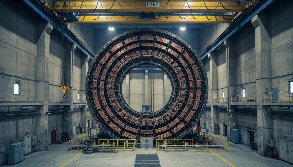 Массивный статор гидрогенератора с медной обмоткой в машинном зале электростанции