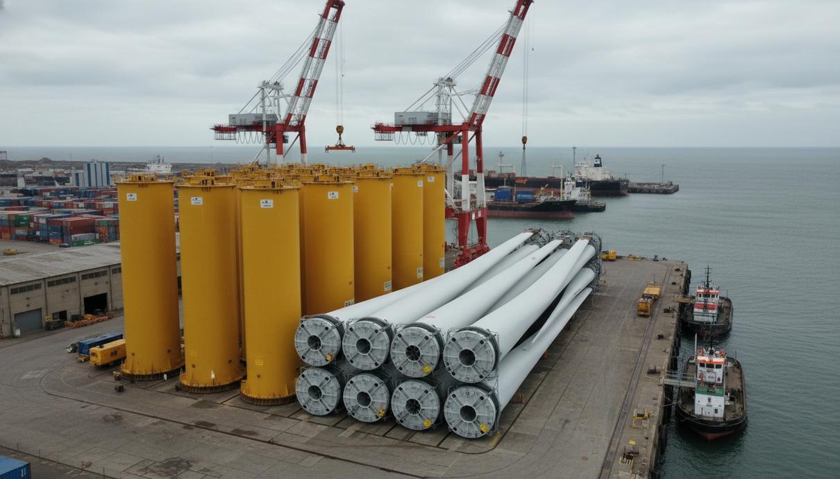 Промышленные компоненты морских ветрогенераторов и подъемные краны на территории грузового порта.