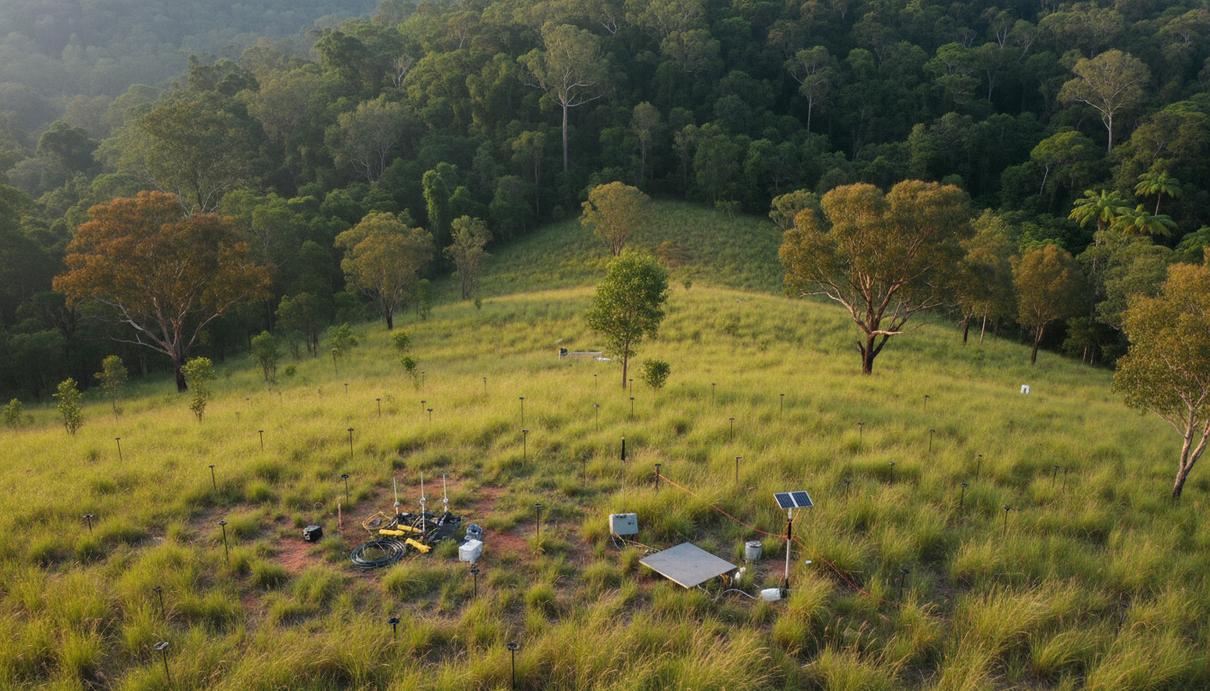 Специализированное геофизическое оборудование на лесистом склоне холма в Квинсленде.