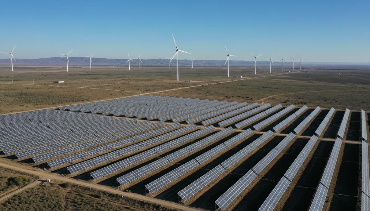 Масштабное поле солнечных панелей и ветровые турбины на открытой местности под ясным небом.