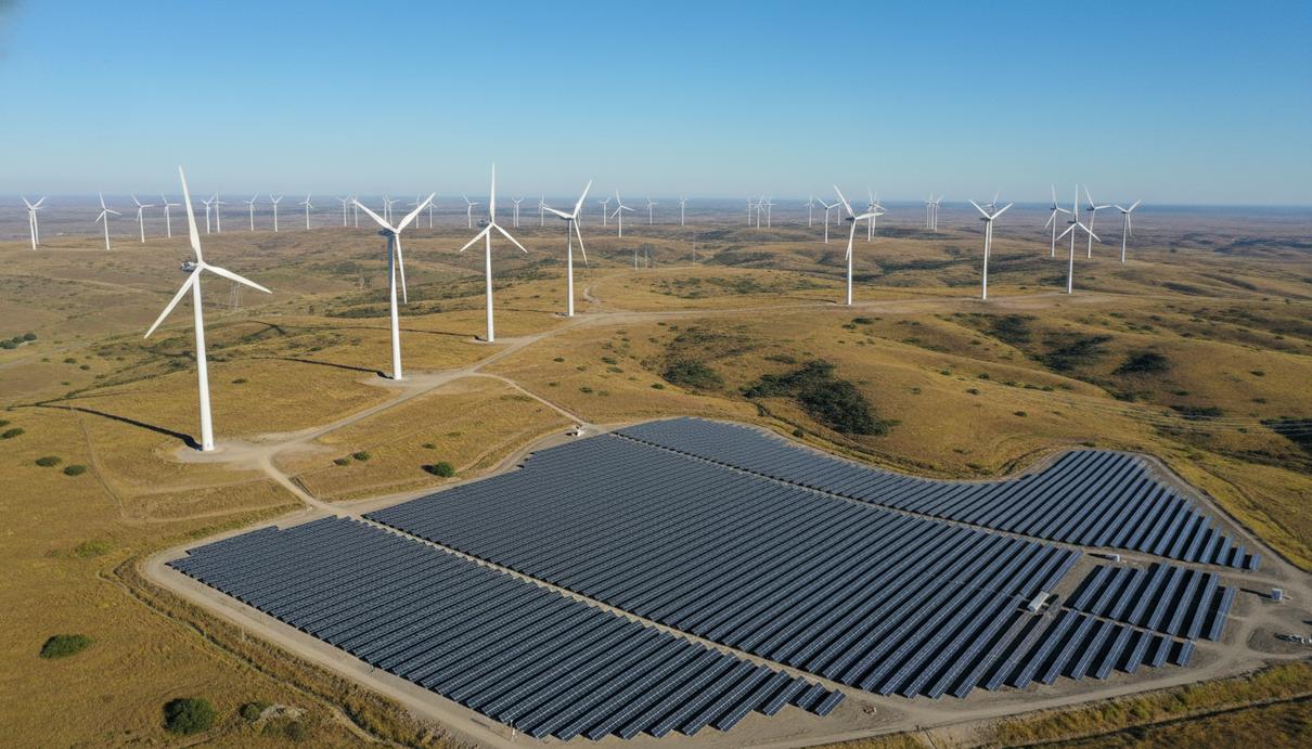 Современные ветрогенераторы и солнечные панели на открытой местности под ясным небом