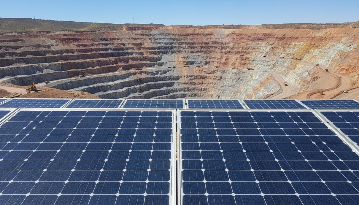 Ряды солнечных панелей на переднем плане и промышленный карьер на горизонте под ясным небом