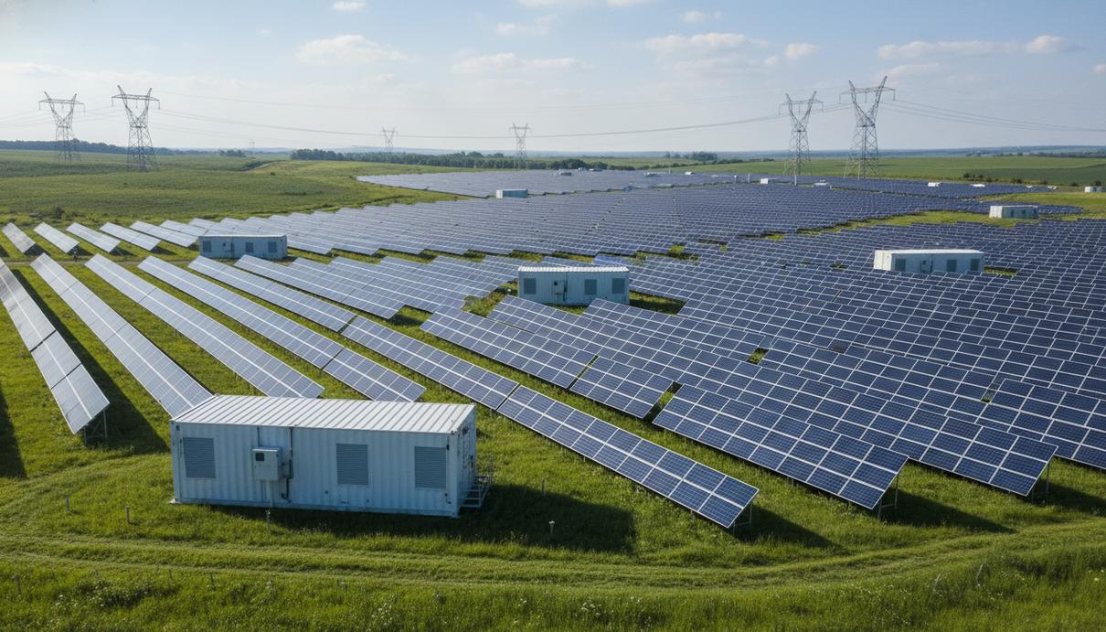 Солнечная электростанция с рядами синих панелей, промышленными накопителями энергии и опорами электропередач.