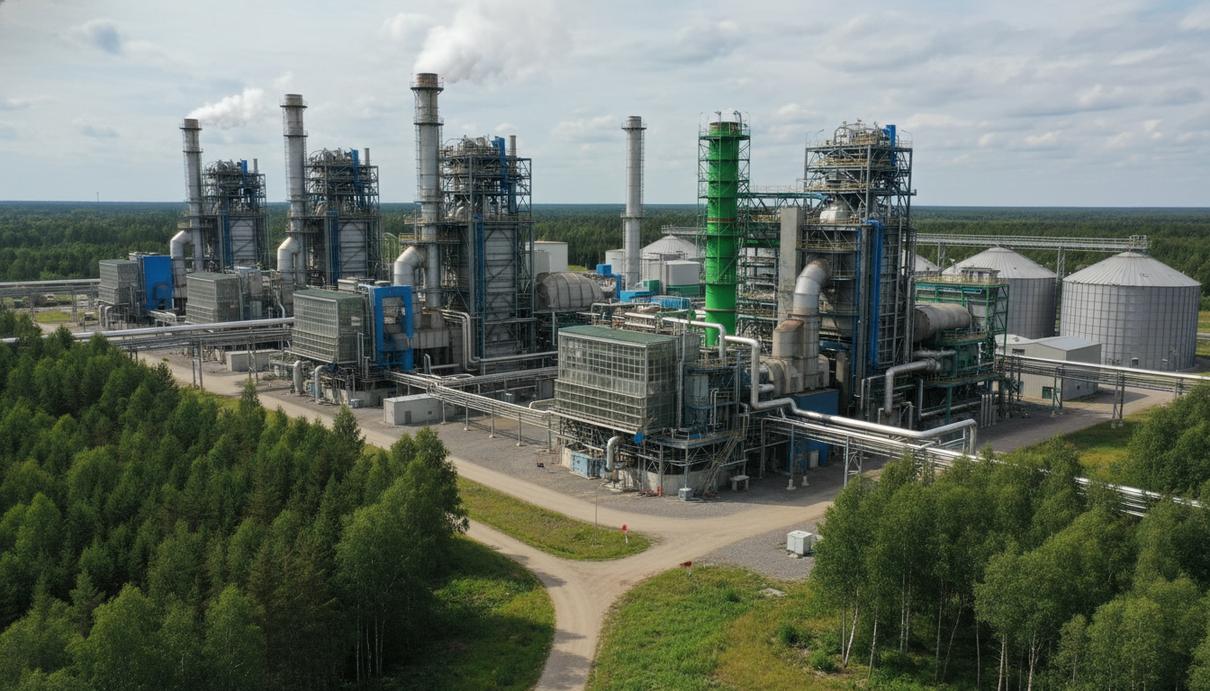 Промышленный комплекс электростанции на биомассе с сетью трубопроводов на фоне леса.