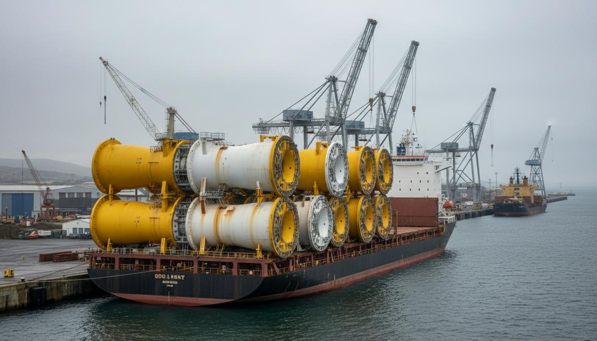 Желтые стальные переходные сегменты для ветрогенераторов на борту грузового судна в морском порту