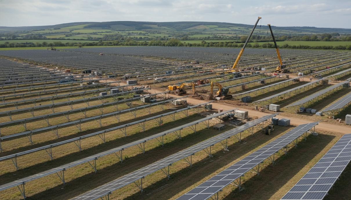 Ряды солнечных панелей на фоне зеленых холмов и сельской местности в графстве Шропшир