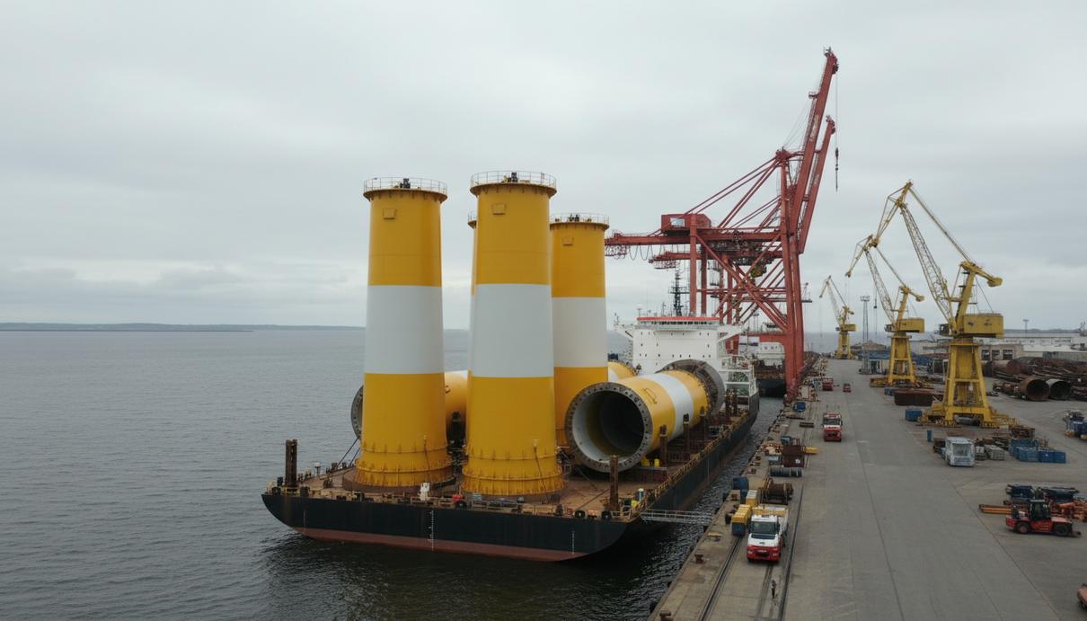 Массивные желто-белые переходные модули для морских ветроэлектростанций на палубе судна в порту.