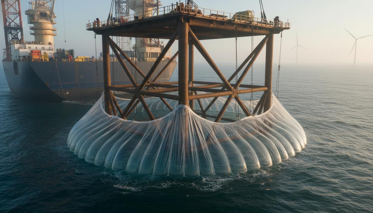 Процесс установки фундамента морской ветроэнергетической станции с использованием защитных панелей