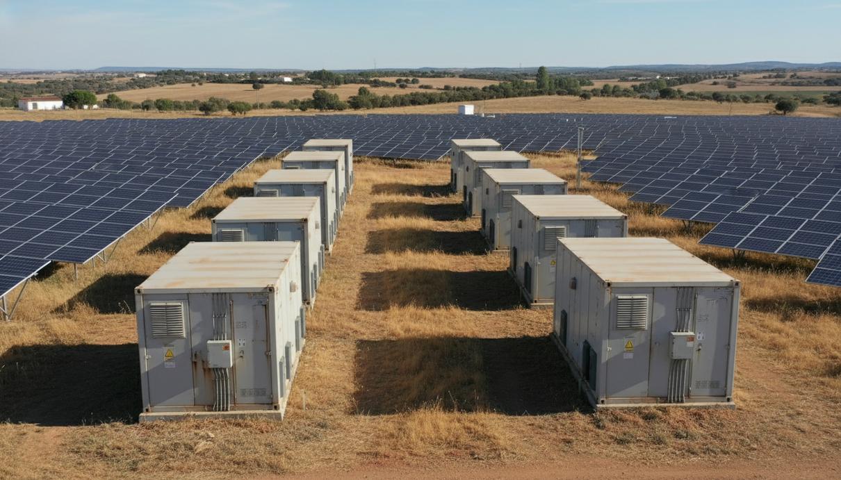 Промышленные системы накопления энергии и ряды солнечных панелей на электростанции в Испании