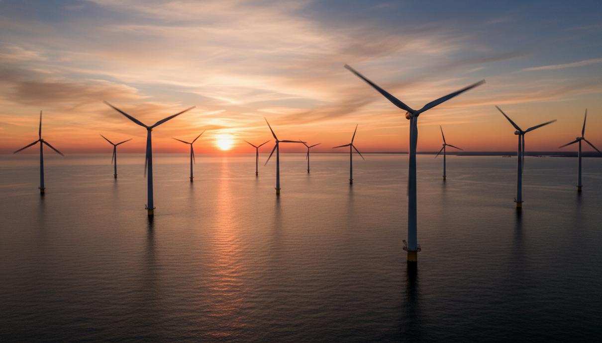 Морские ветрогенераторы Vineyard Wind 1 на фоне заката в океане у побережья Массачусетса.