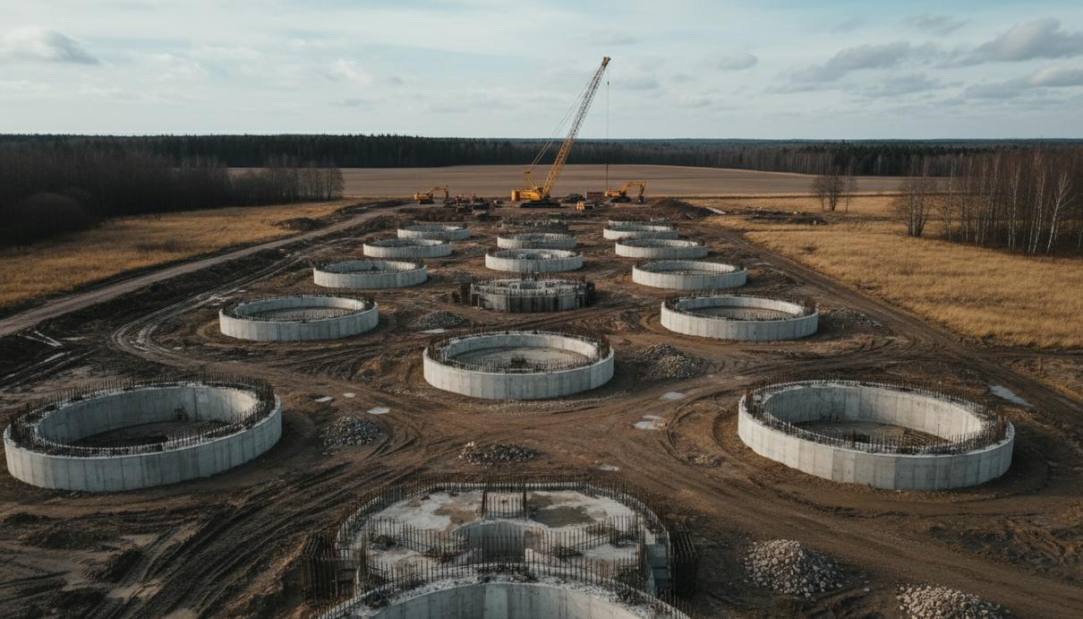 Массивные круглые бетонные фундаменты для ветрогенераторов на строительной площадке в поле