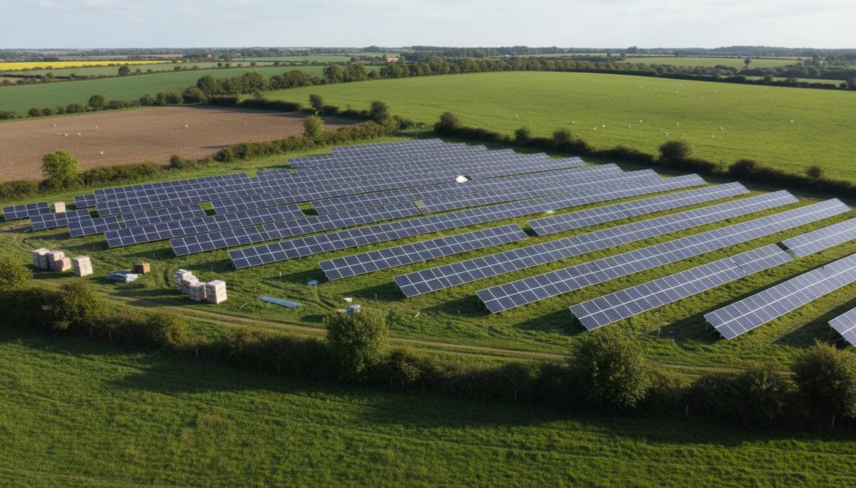 Ряды солнечных панелей на зеленых полях в сельской местности графства Линкольншир.