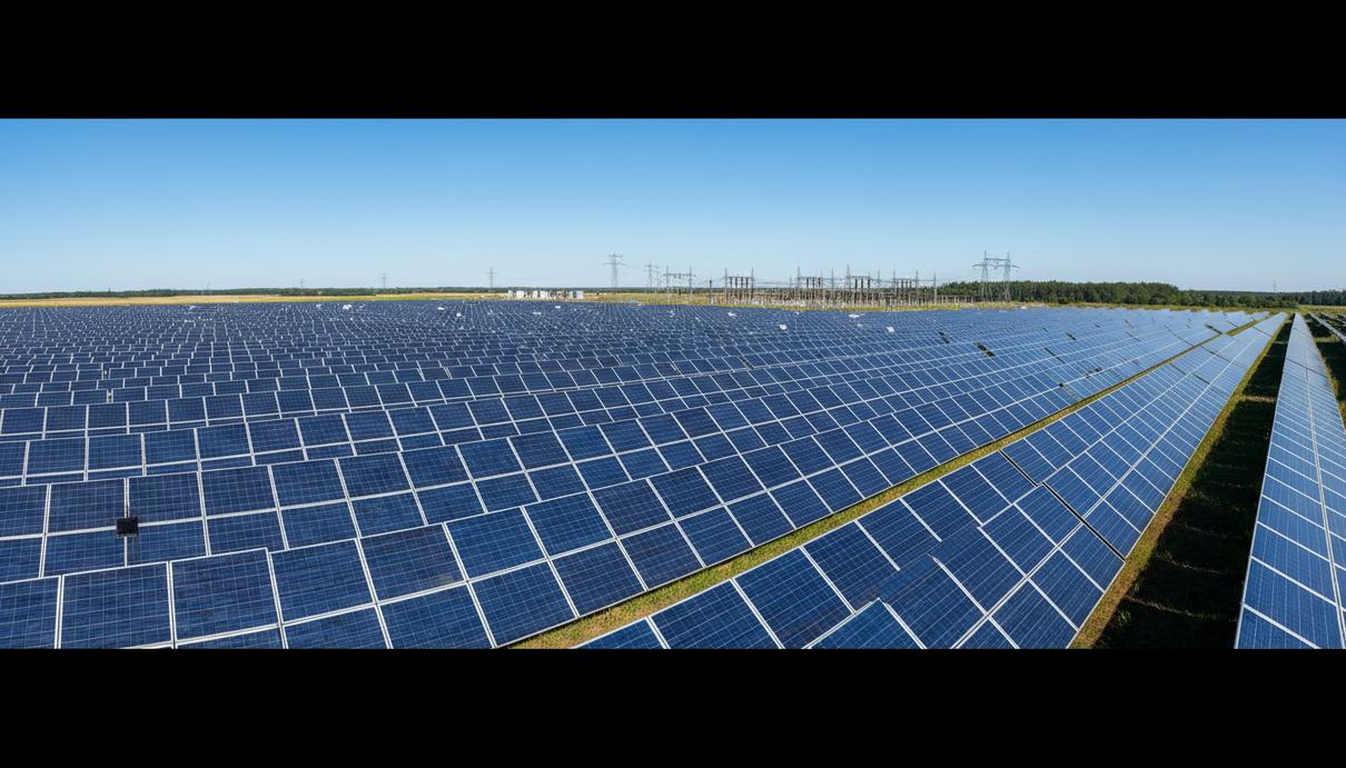 Ряды синих солнечных панелей на просторном поле под ясным небом на фоне опор линии электропередачи.