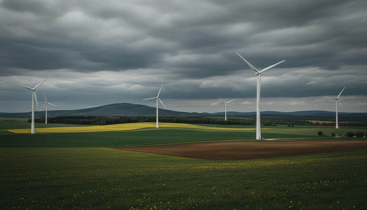 Шесть белых ветрогенераторов на фоне зеленых холмов и облачного неба в сельской местности Франции