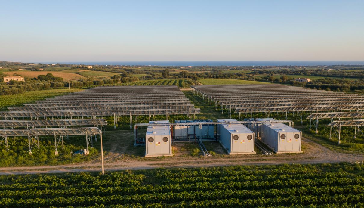 Солнечные панели на высоких опорах над сельскохозяйственным полем и блоки аккумуляторов на Сицилии
