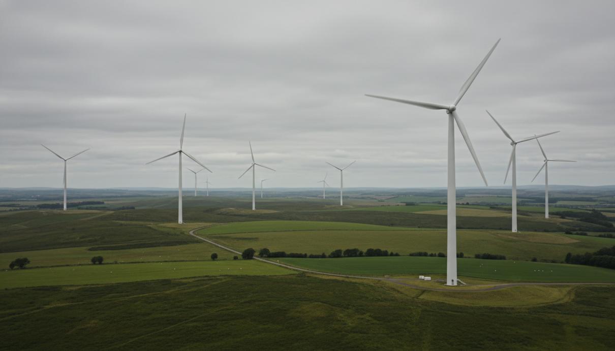 Современные белые ветровые турбины на холмах южной Шотландии под пасмурным небом.