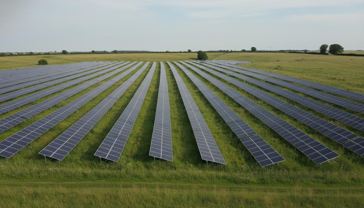 Солнечные панели на зеленых полях в сельской местности Линкольншира под облачным небом.