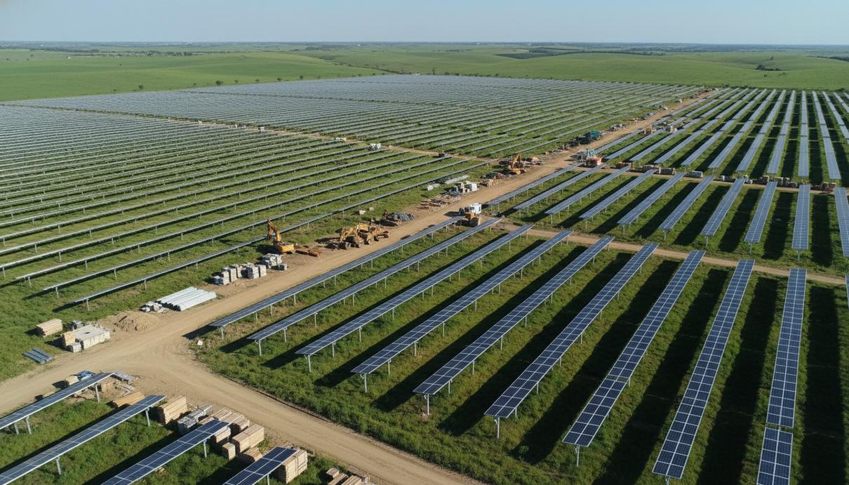 Строительная площадка солнечной электростанции с рядами стальных опор и фотоэлектрических панелей в Колумбии.